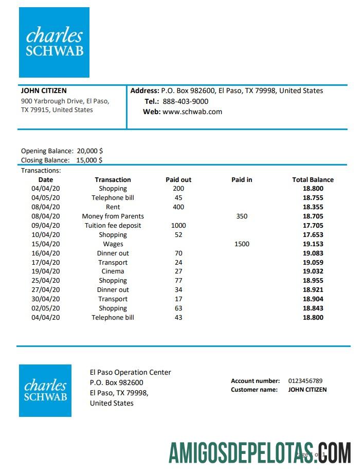 Modelo de comprovante de endereço do banco Charles Schwab & Co dos EUA para download em formato Word e PDF